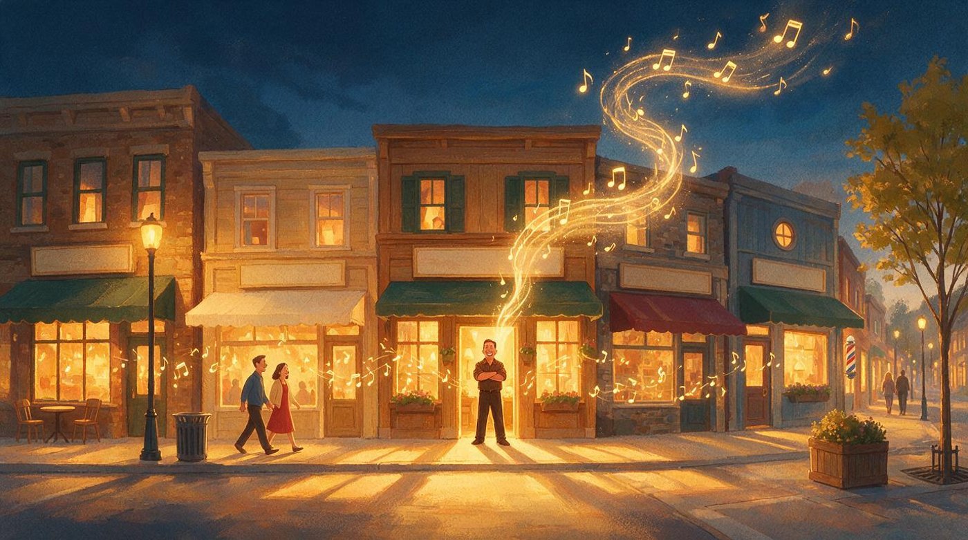 A glowing main street of local shops at dusk, with musical notes drifting from a shop door into the sky